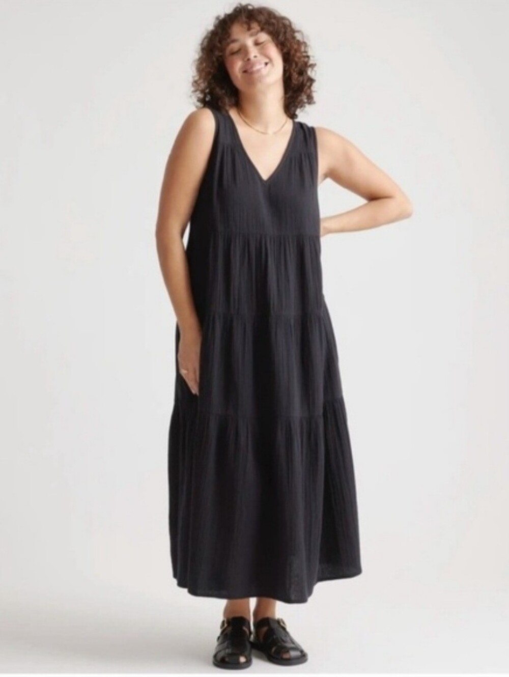 Quince Women's Black Organic Cotton Gauze Tiered Maxi Dress sz M Sleeveless NWOT